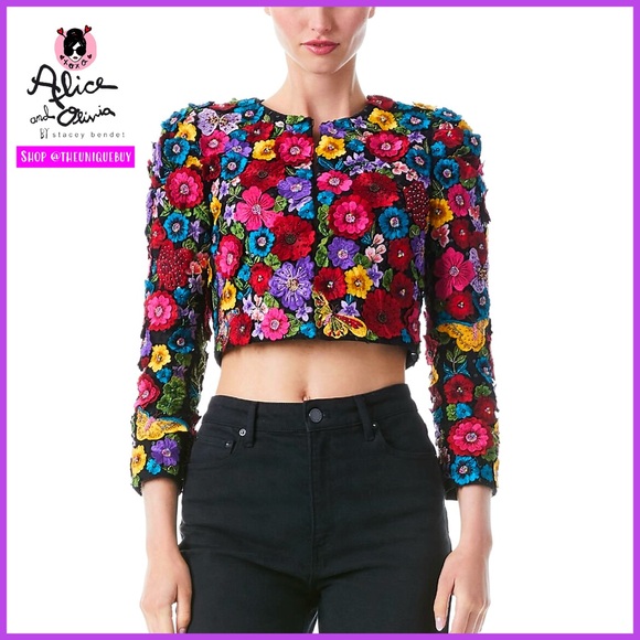 Alice + Olivia Lorna Floral Embroidered Multicolored Crop Blazer Jacket - Picture 1 of 16